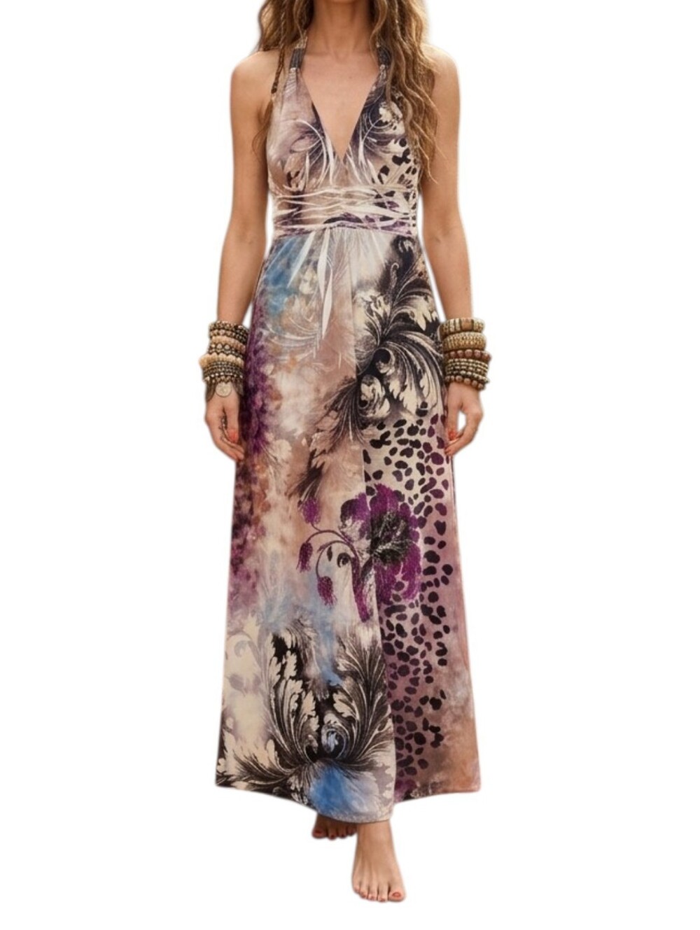 Cristinalove Packable Boho Halter Maxi Dress Ruched Bodice Built-in Bra L